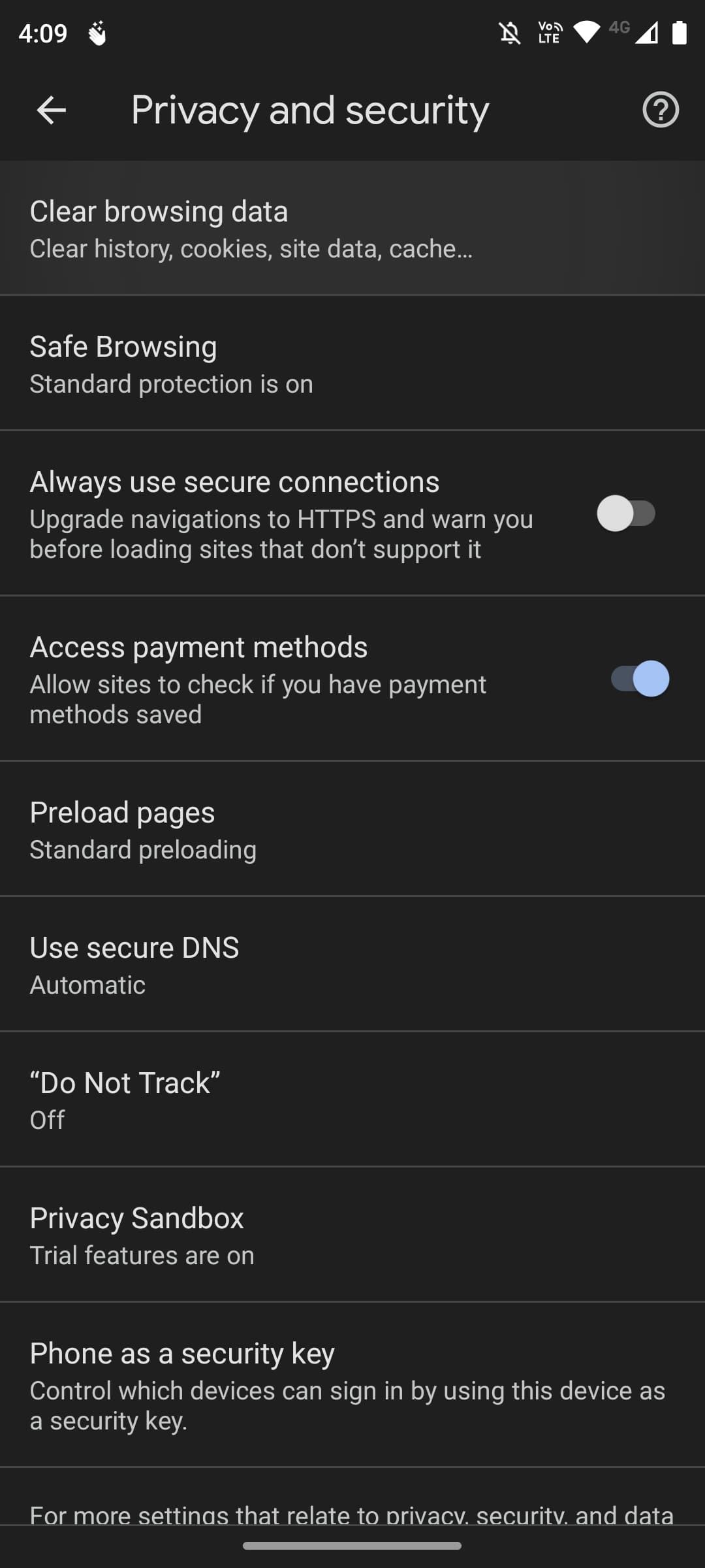 Privacy and security settings with clear browsing data highlighted