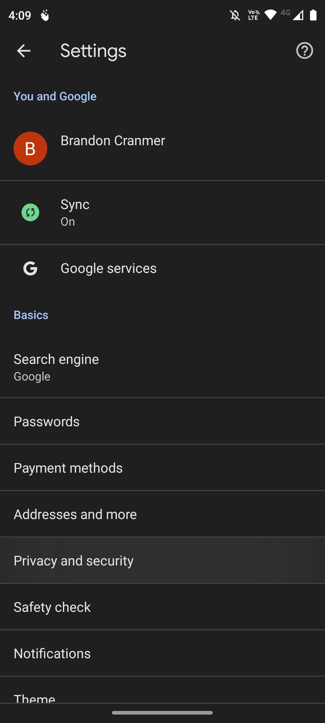 Chrome browser settings menu