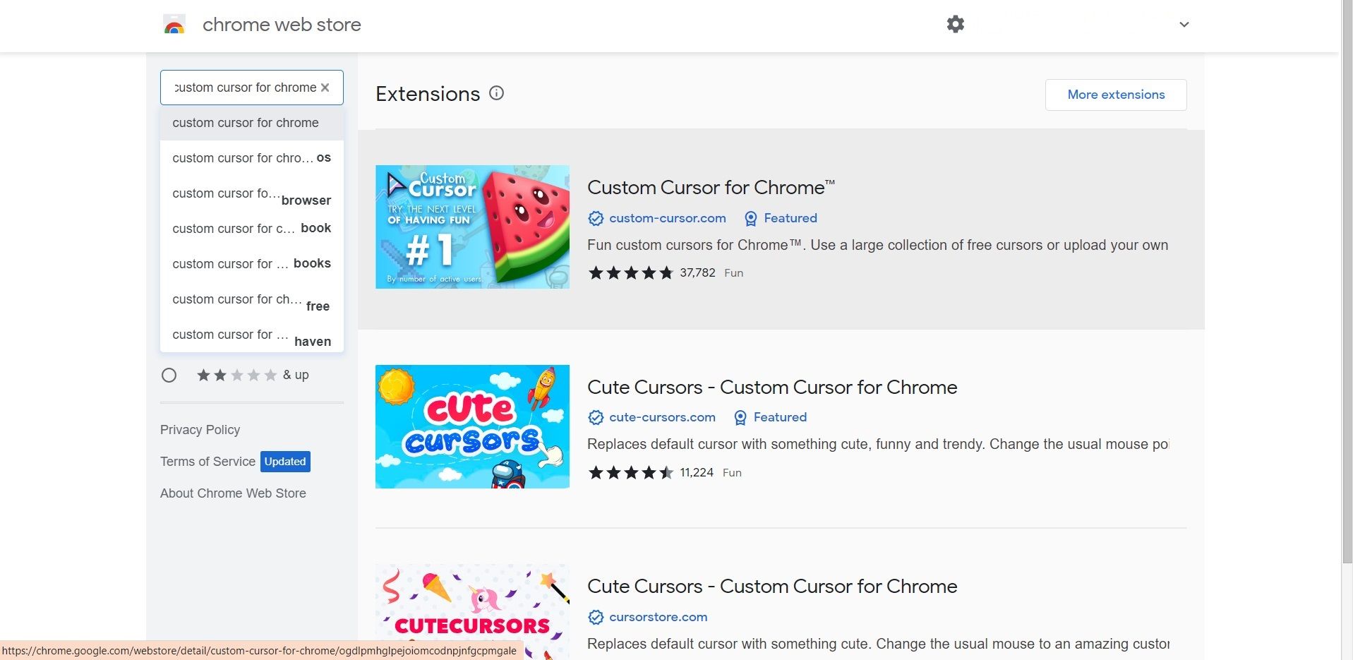 Cursor extension in the Chrome web store