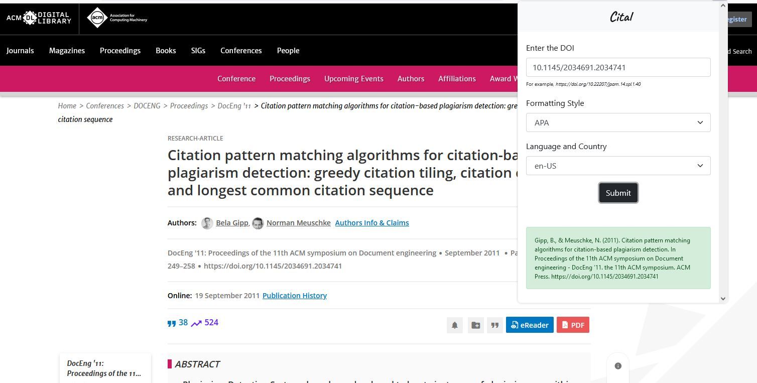 A Screenshot of the Firefox Add on Cital Citation Generator In Use