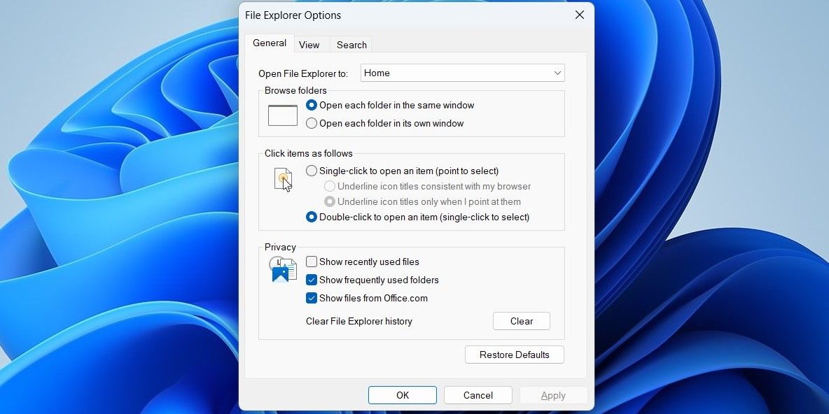 پنجره گزینه های File Explorer