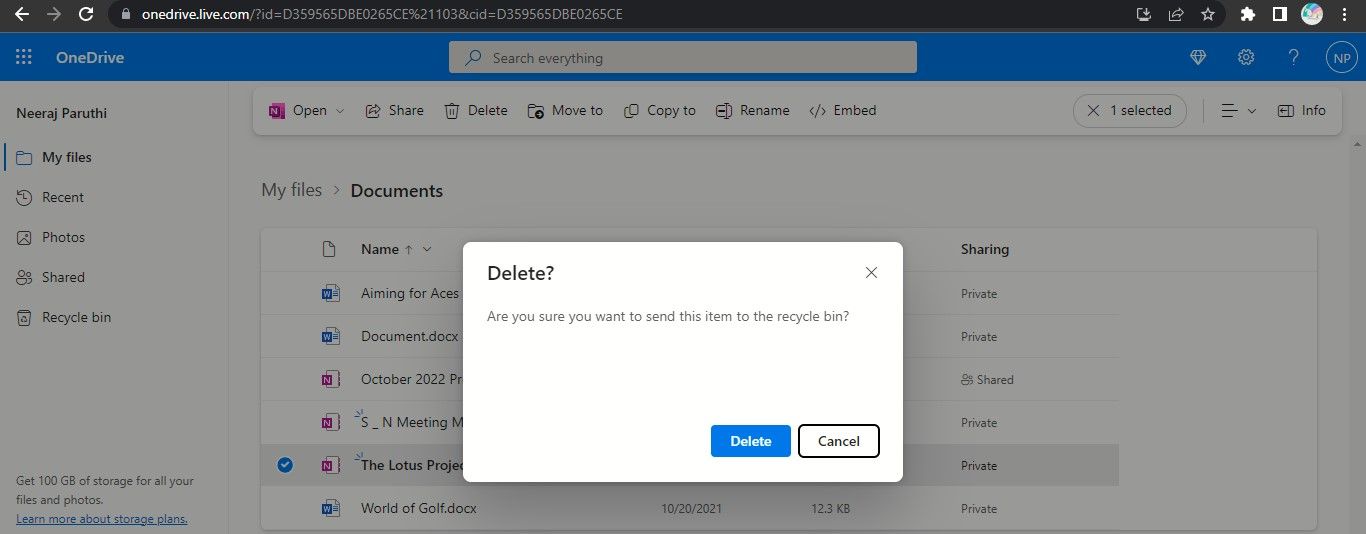 Click Delete on Recycle Bin Prompt
