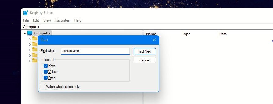 Click Edit in Registry Editor and Find Iconstreams