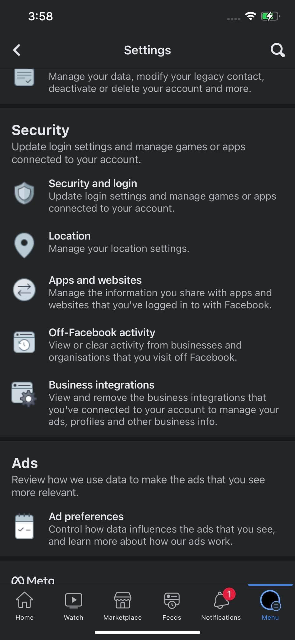 Clicking on Apps and Websites Settings under Security Tab to Check Linked Apps in Settings of Facebook for iOS