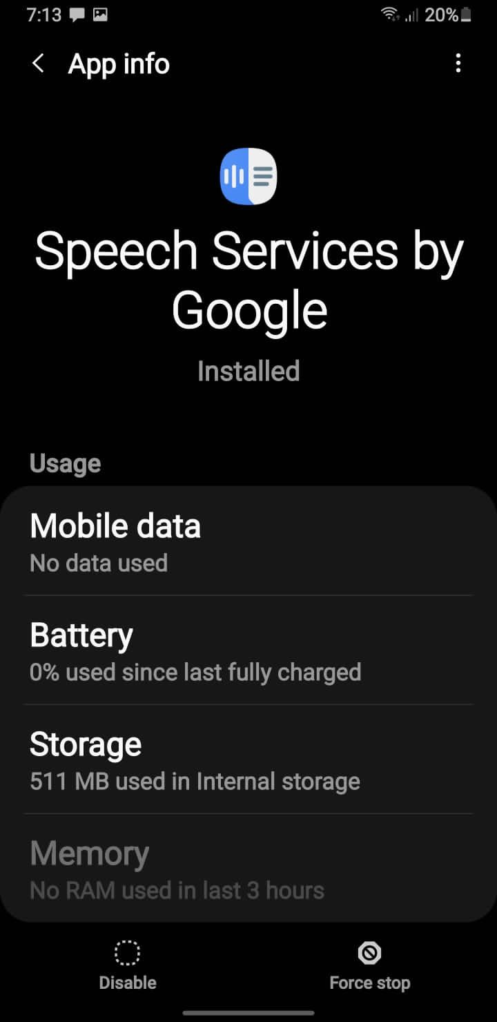 Clicking on the Storage Option under Speech Service by Google App in Android Settings