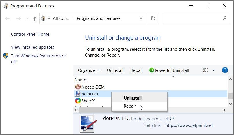 Clicking the “Repair” option on the Programs and Features window