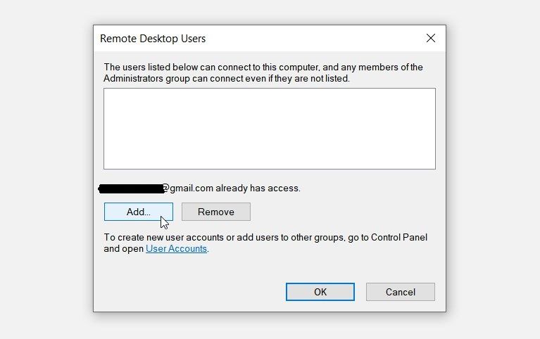 Clicking the “Add” button on the “Remote Desktop Users” screen