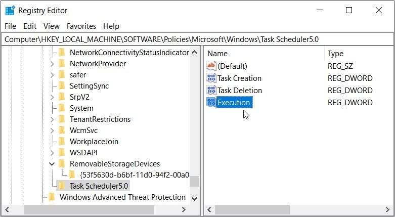 Clicking the “Execution” value in the Registry Editor