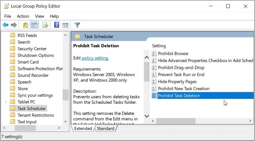 Clicking the “Prohibit Task Deletion” option in the LGPE