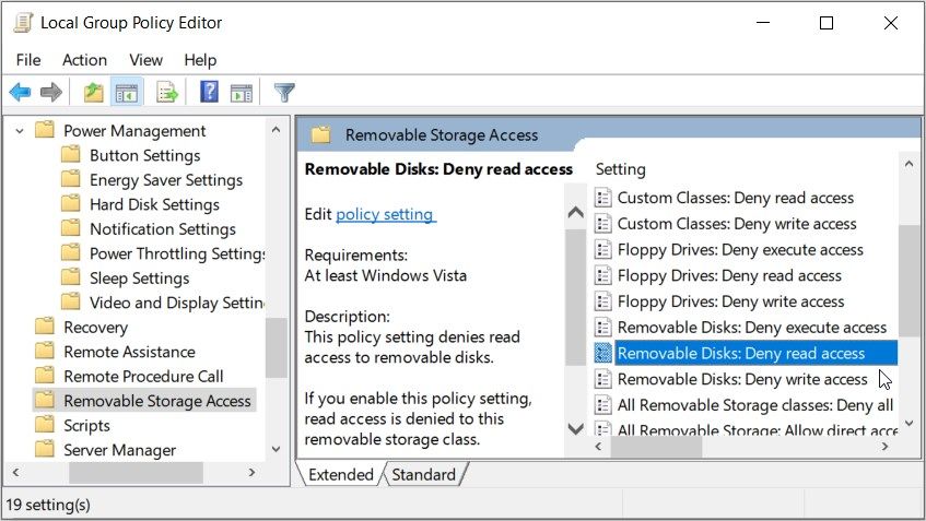 Clicking the “Removable Disks Deny read Access option” in the LGPE