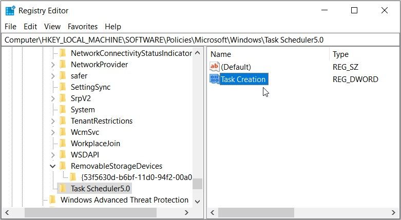 Clicking the “Task Creation” value in the Registry Editor