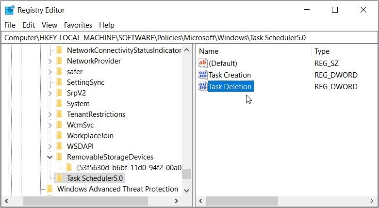 Clicking the “Task Deletion” value in the Registry Editor