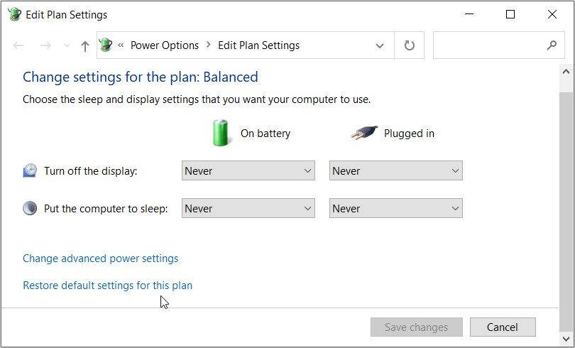 Clicking the Restore default settings for this plan option