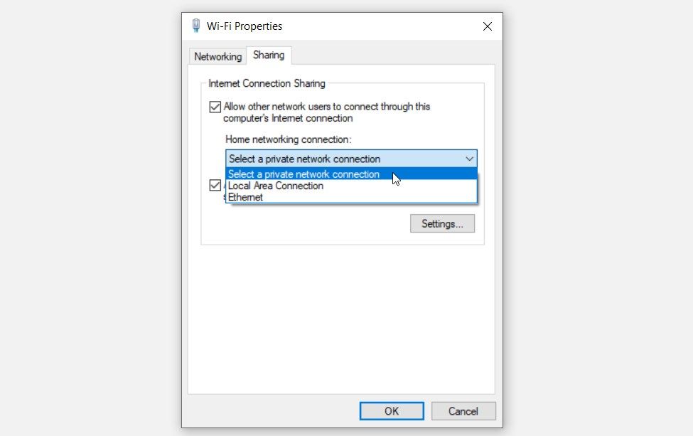 Clicking the home networking connection drop-down menu on the Internet Connection Sharing screen