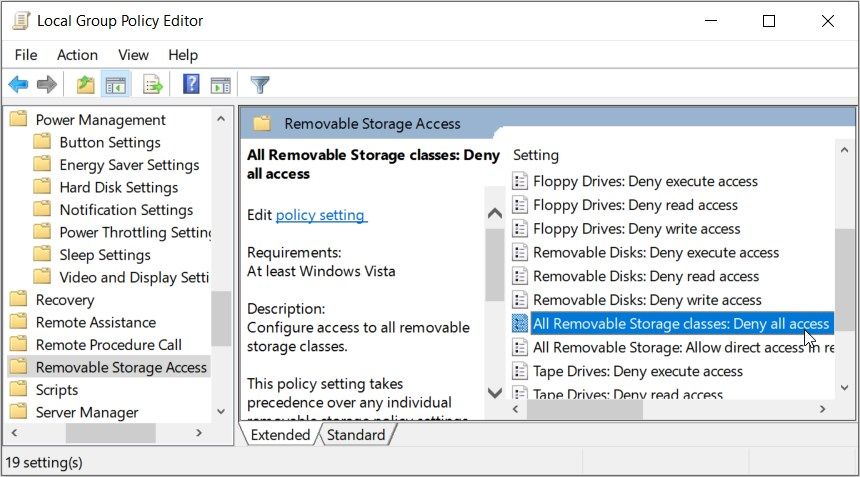 با کلیک بر روی گزینه “All Removable Storage classes Deny all access” در LGPE