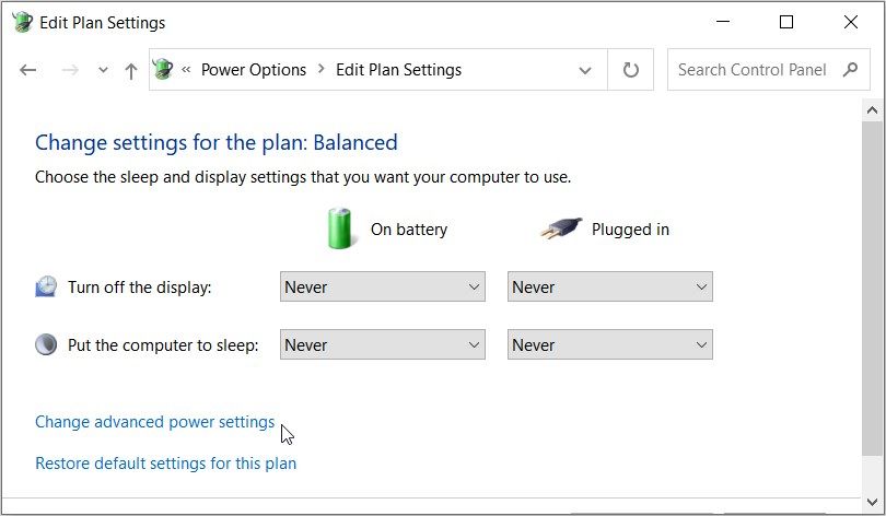 Clicking the “Changed advanced power settings” option on the Control Panel