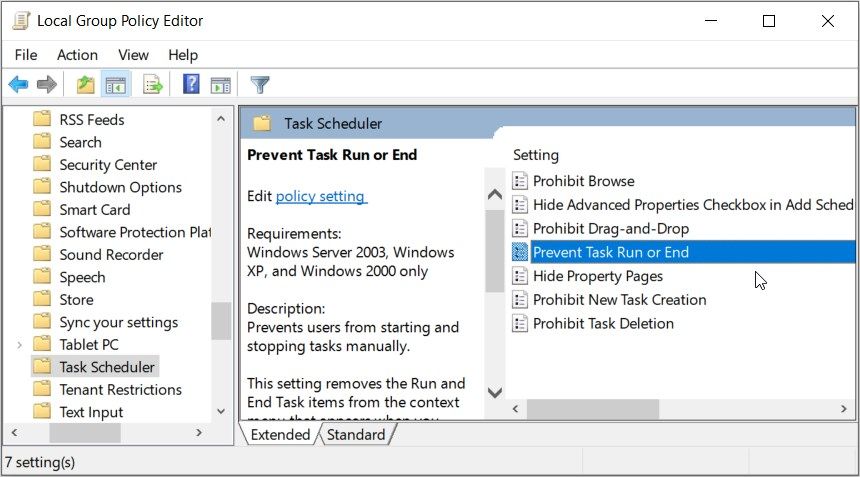 با کلیک بر روی گزینه "Prevent Task Run or End" در LGPE