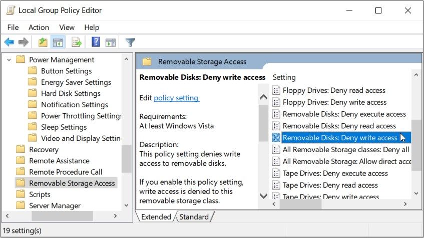 با کلیک بر روی گزینه Removable Disks Deny write Access در LGPE