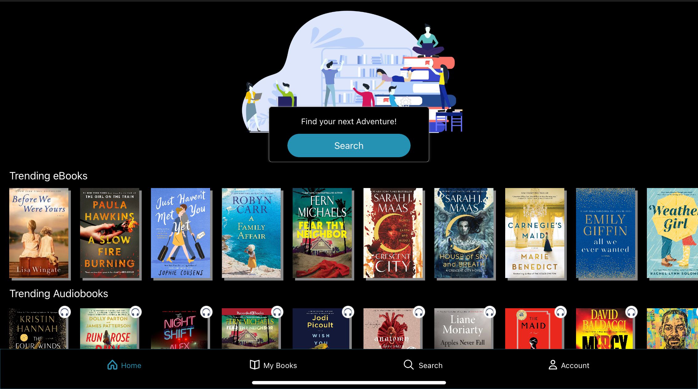 Cloud Library Home Page with Ebooks and Audio Books. Text reads: Find your next adventure! 