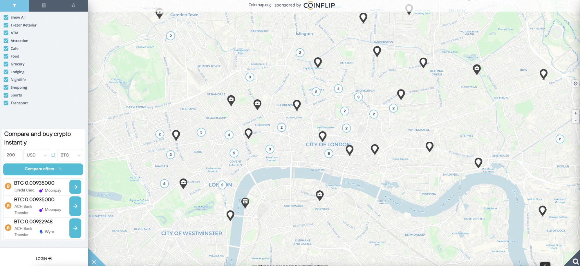 CoinMap showing locations in London that accept crypto payments