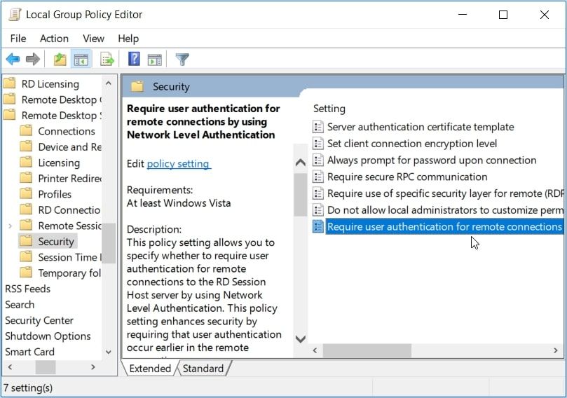 Configuring NLA Settings Via the Local Group Policy Editor