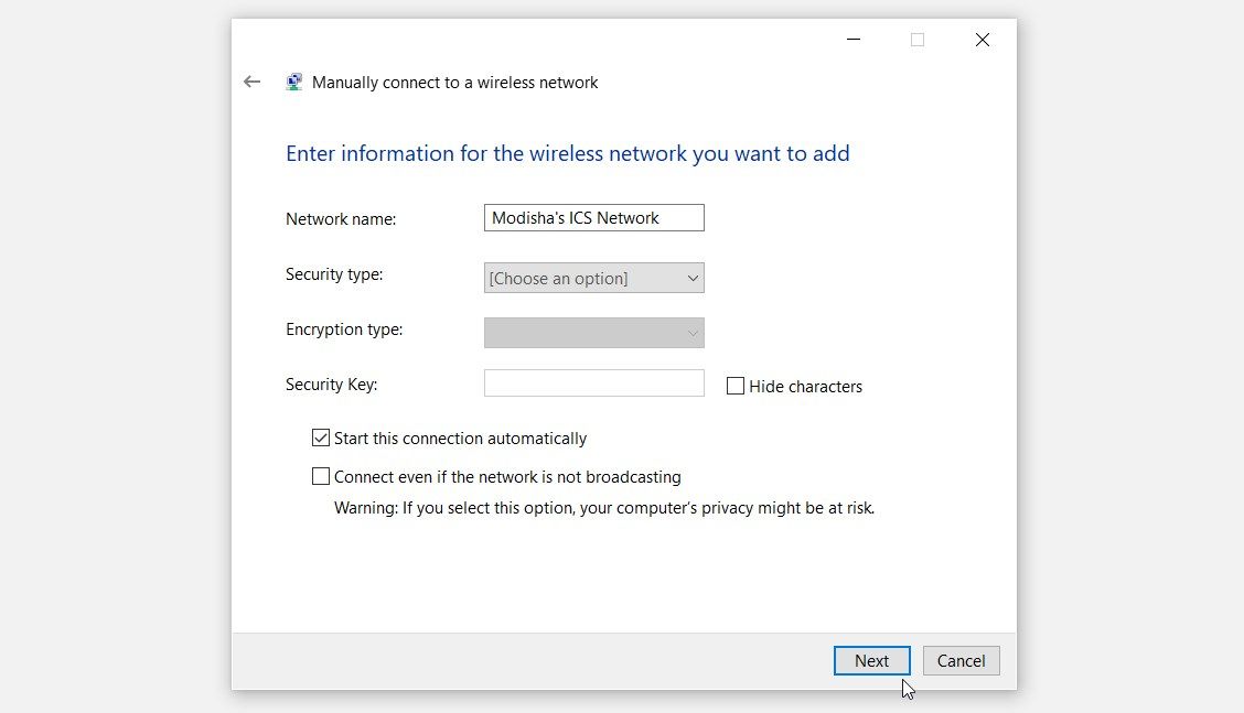 Connecting to an ICS network on Windows