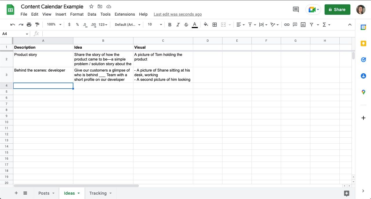 Content calendar ideas page in spreadsheet software