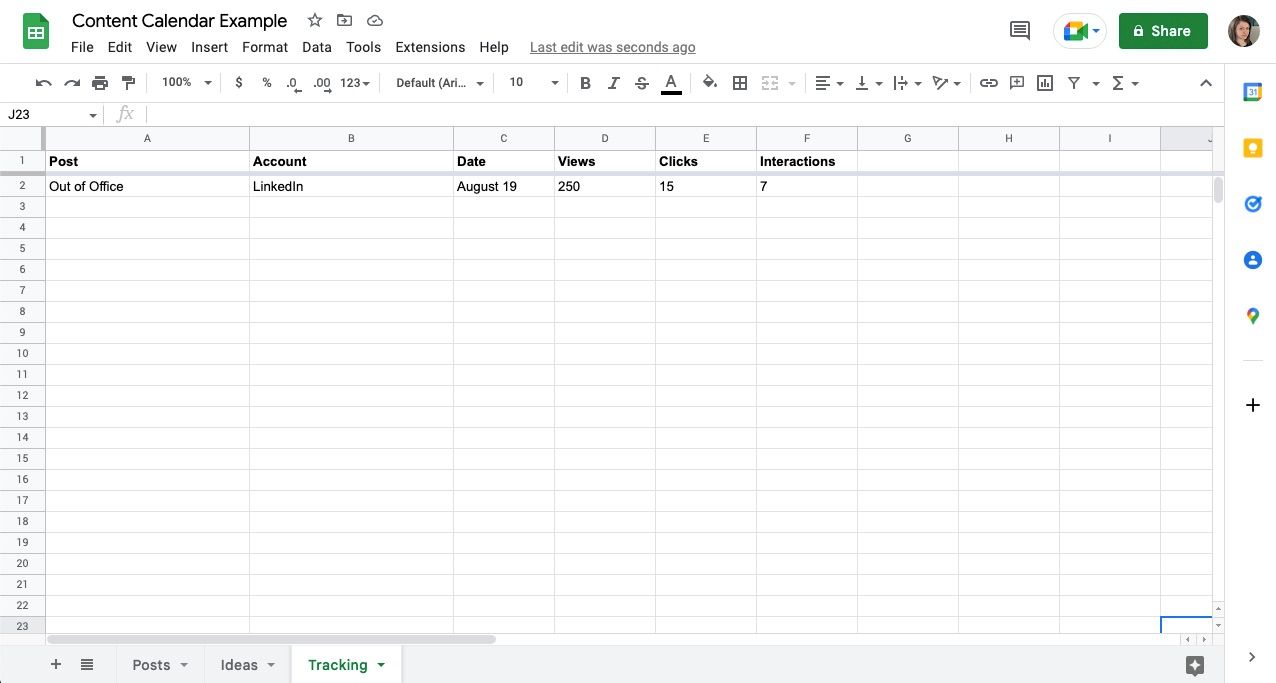 Tracking sheet for social media results in spreadsheet software