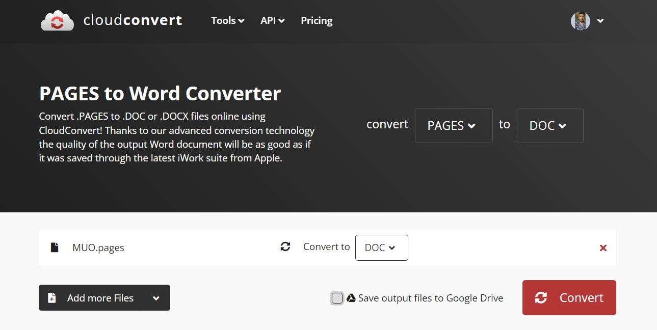 Convert option of CloudConvert