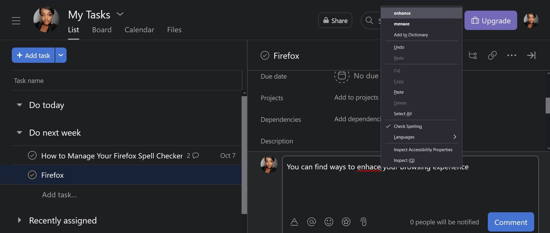Selecting the correct word using Firefox's spell check.
