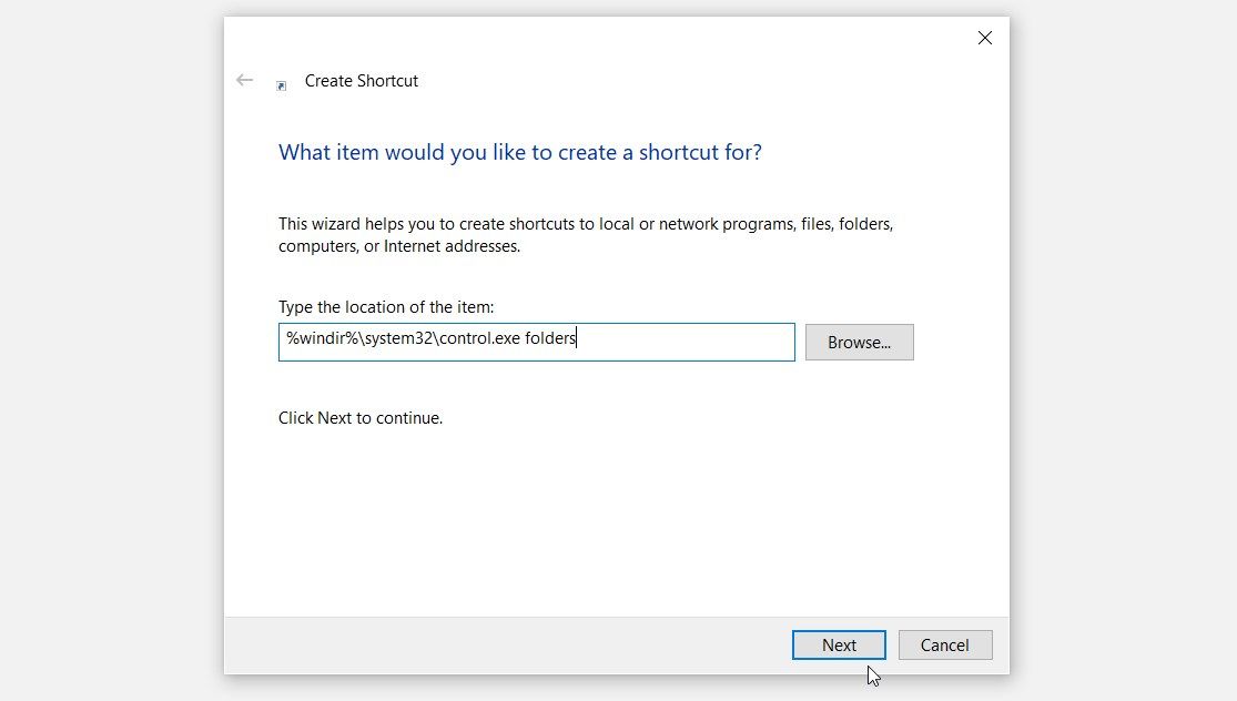 Creating the Folder Options desktop shortcut