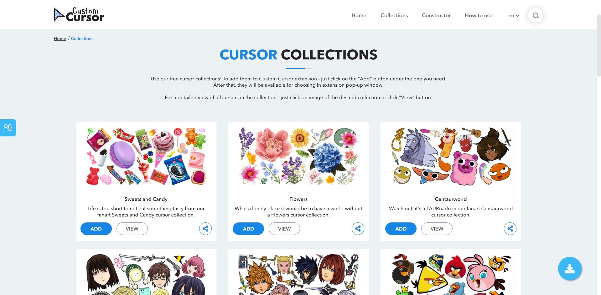 Custom Cursor collections page
