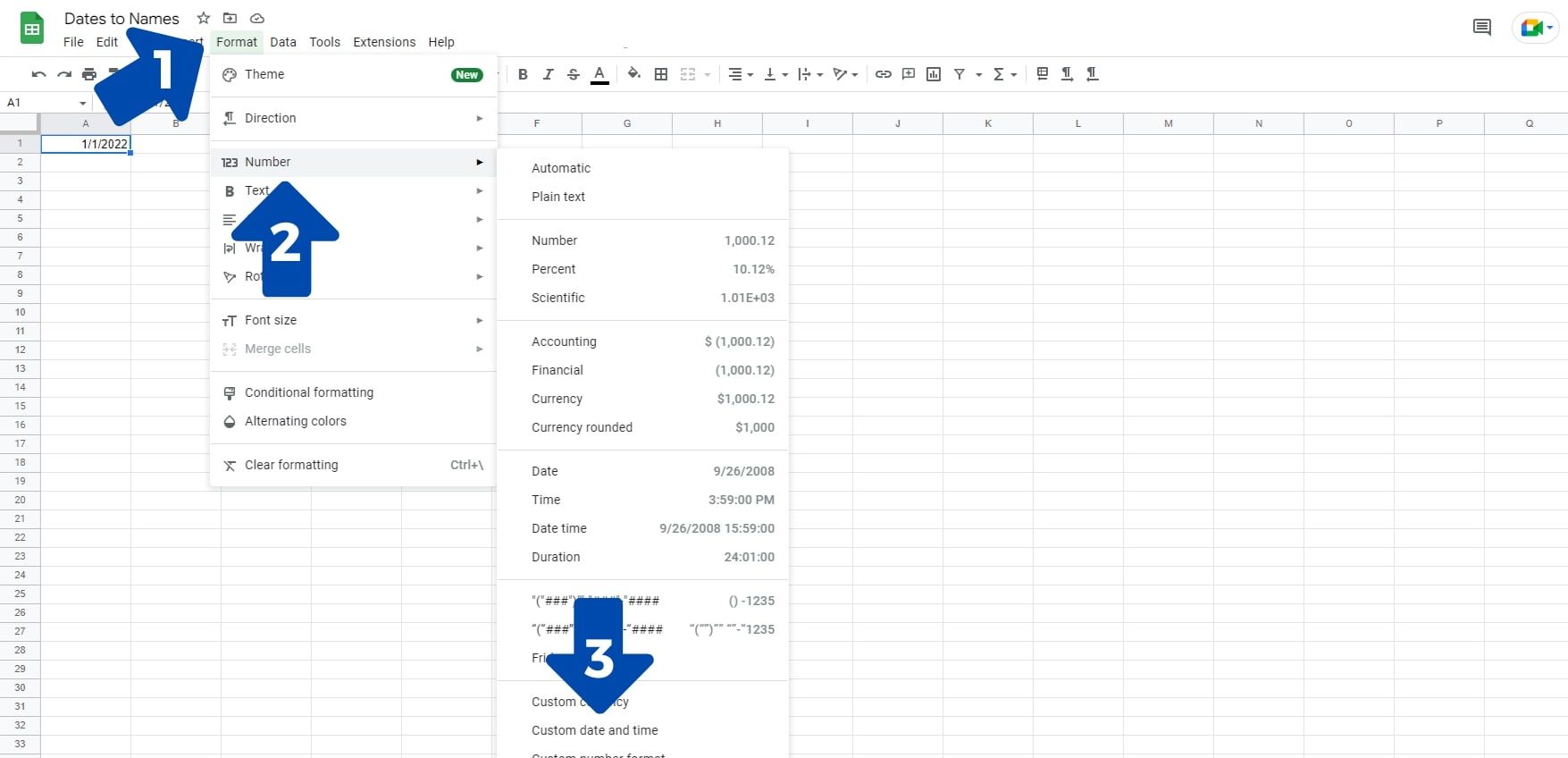 Opening the Custom Date Format Menu