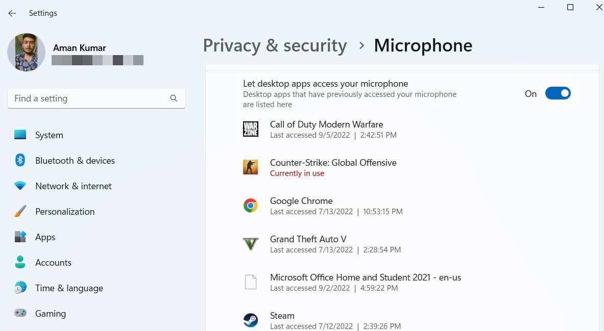 Changing the microphone privacy settings of the installed apps