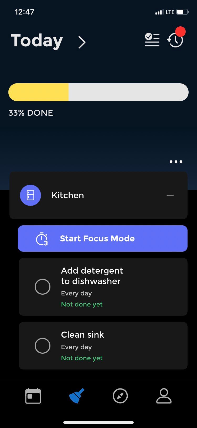 Dirtfree app daily chore screen