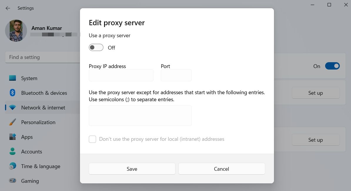 Deshabilitar la alternancia de Usar un servidor proxy