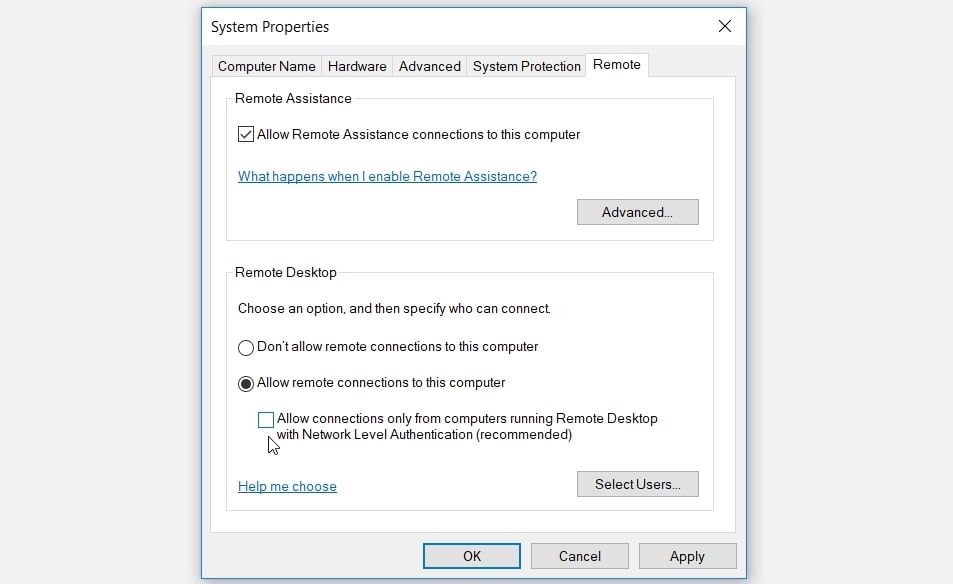 Disabling and Re-Enabling NLA Settings Via System Settings