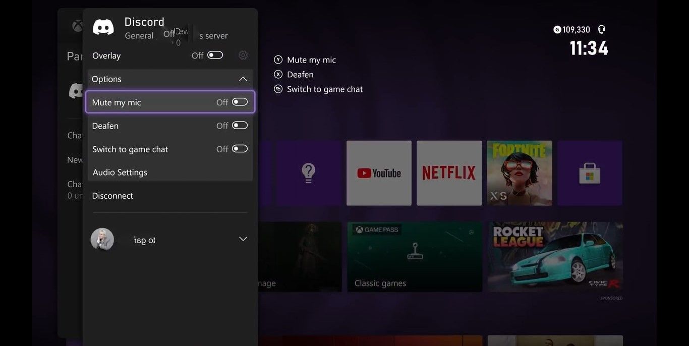 A Screenshot of the Discord coice chat options on an Xbox Series X console