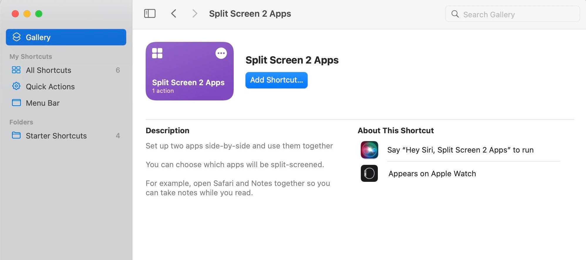 Displaying Split Screen App on the Shortcuts Gallery