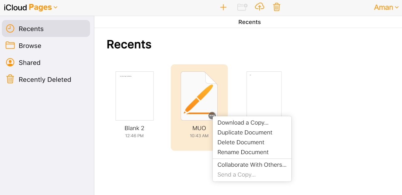 Download a Copy option in iCloud Pages