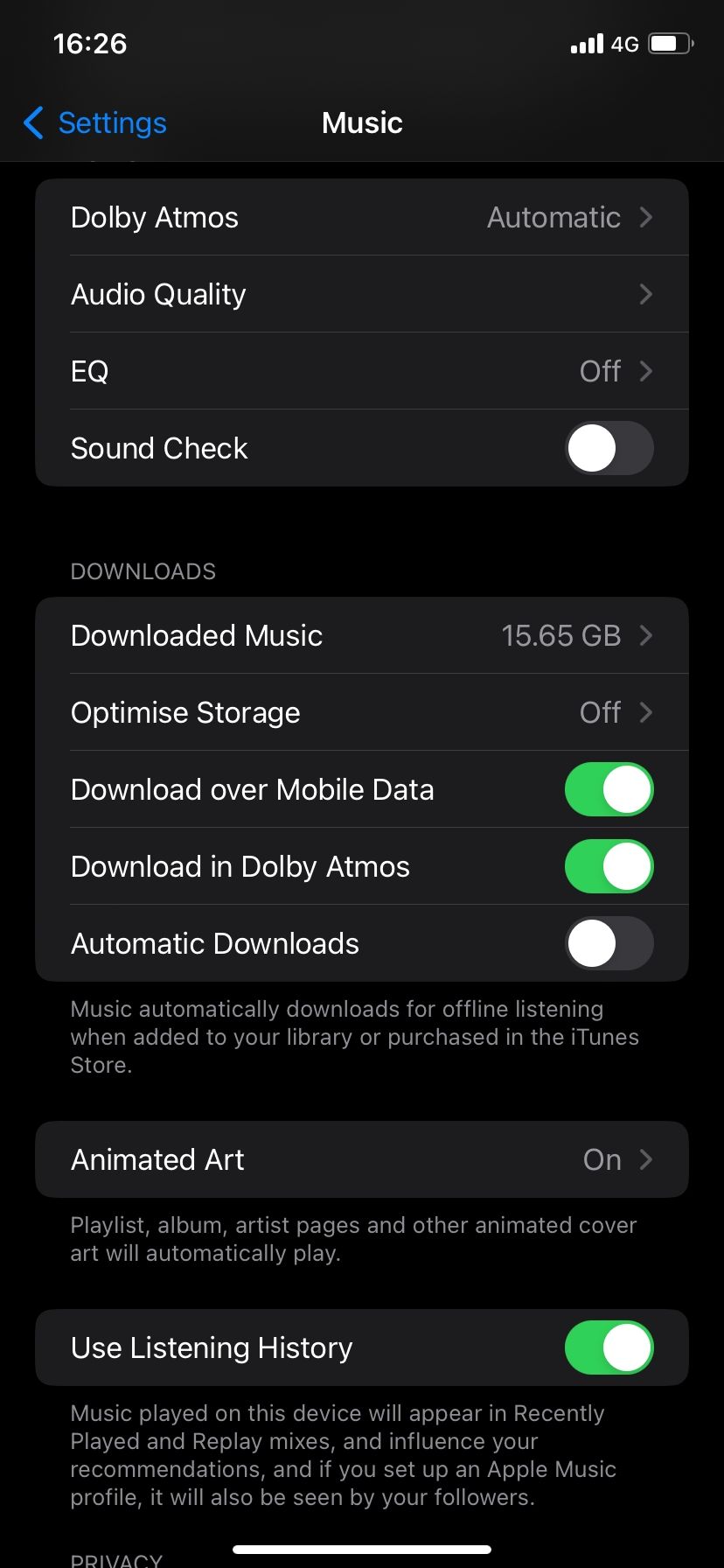 Download over Mobile Data enabled on Apple Music