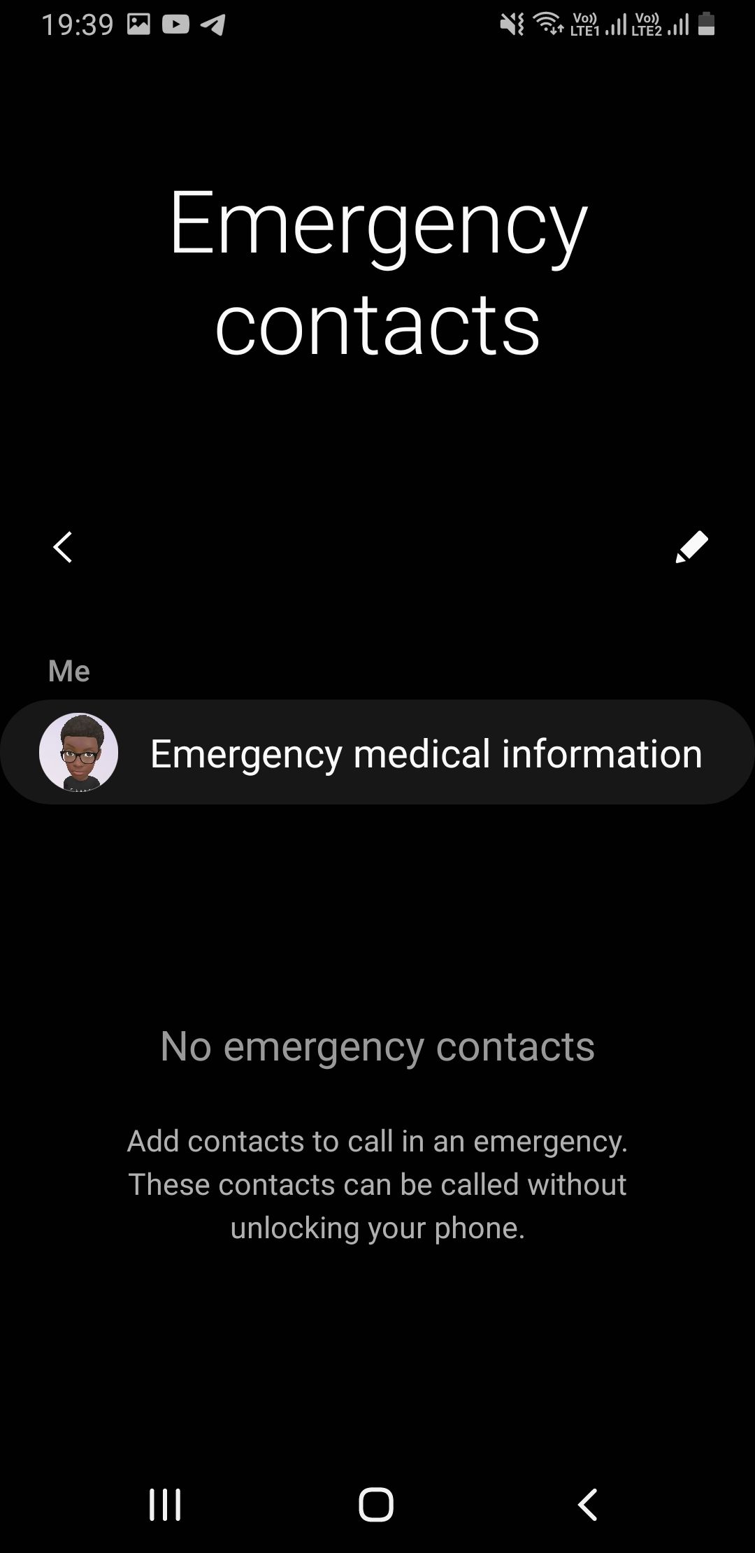 Emergency contacts menu on Samsung phone