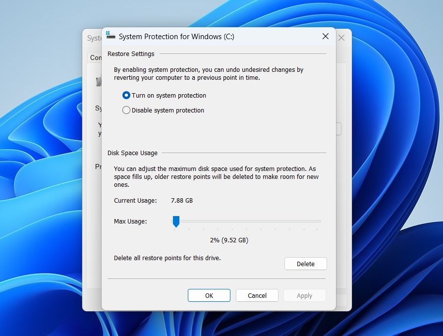Enable System Restore in System Properties