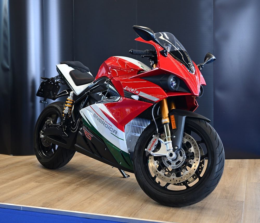 Italian flag colored Energica Ego electric motorcycle on display