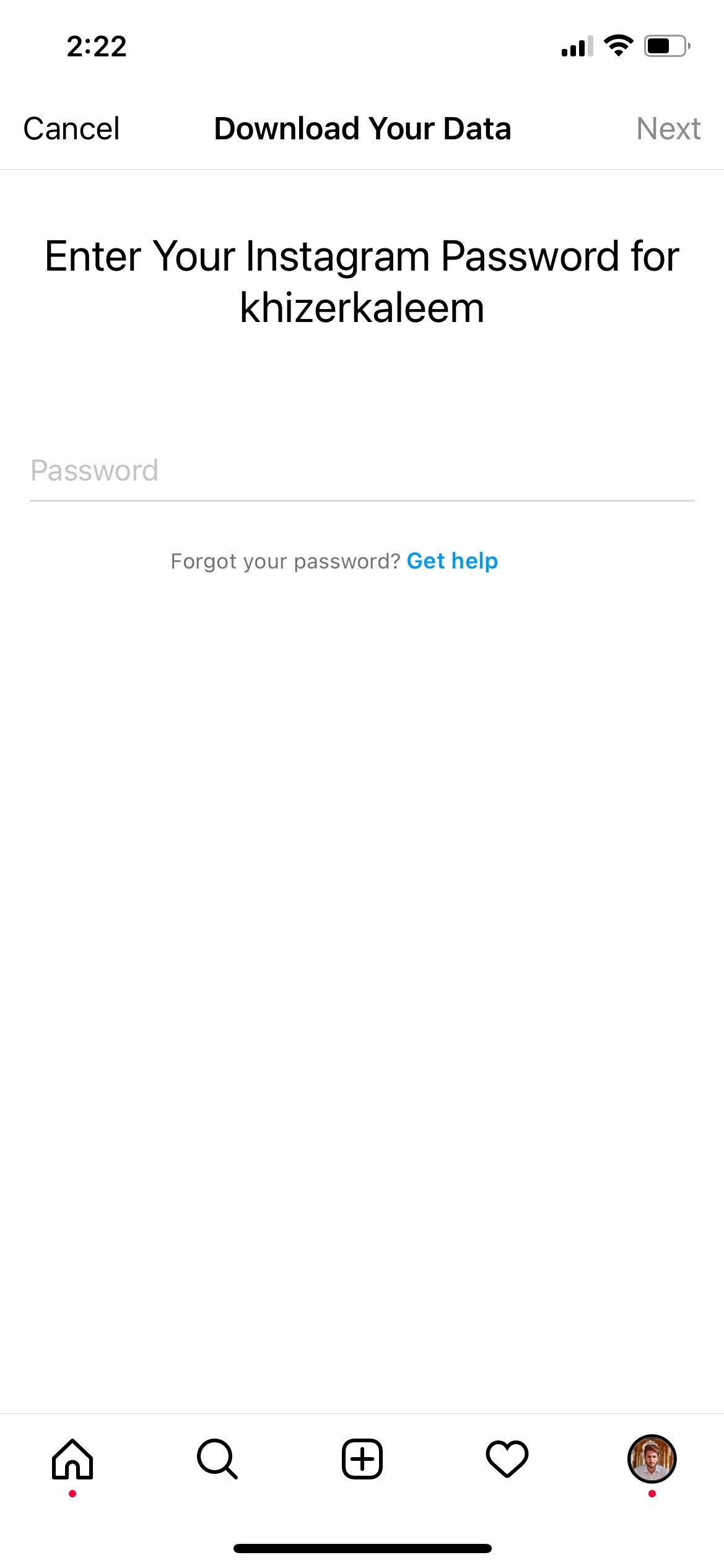 Enter Instagram password