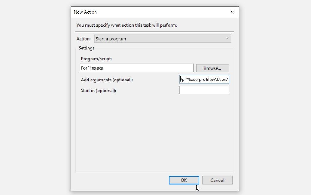 Entering details in the “New Action” window in the Task Scheduler