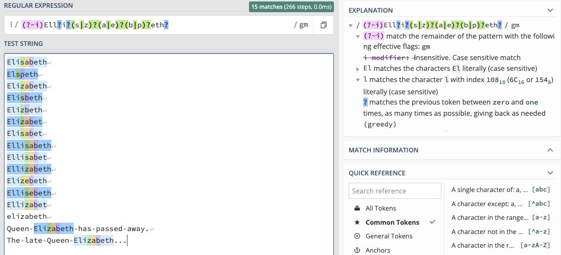 Example Regex for Misspellings Screenshot via Regex101