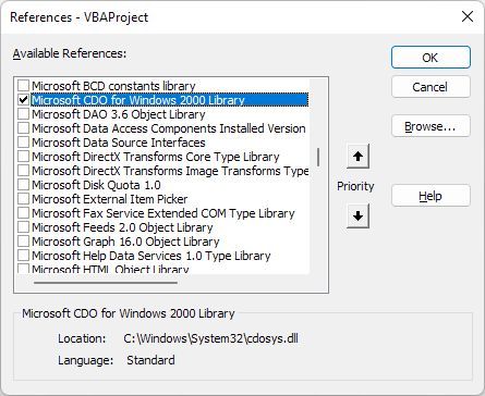 Excel VBAProject References Menu with Microsoft CDO for Windows 2000 Library Selected