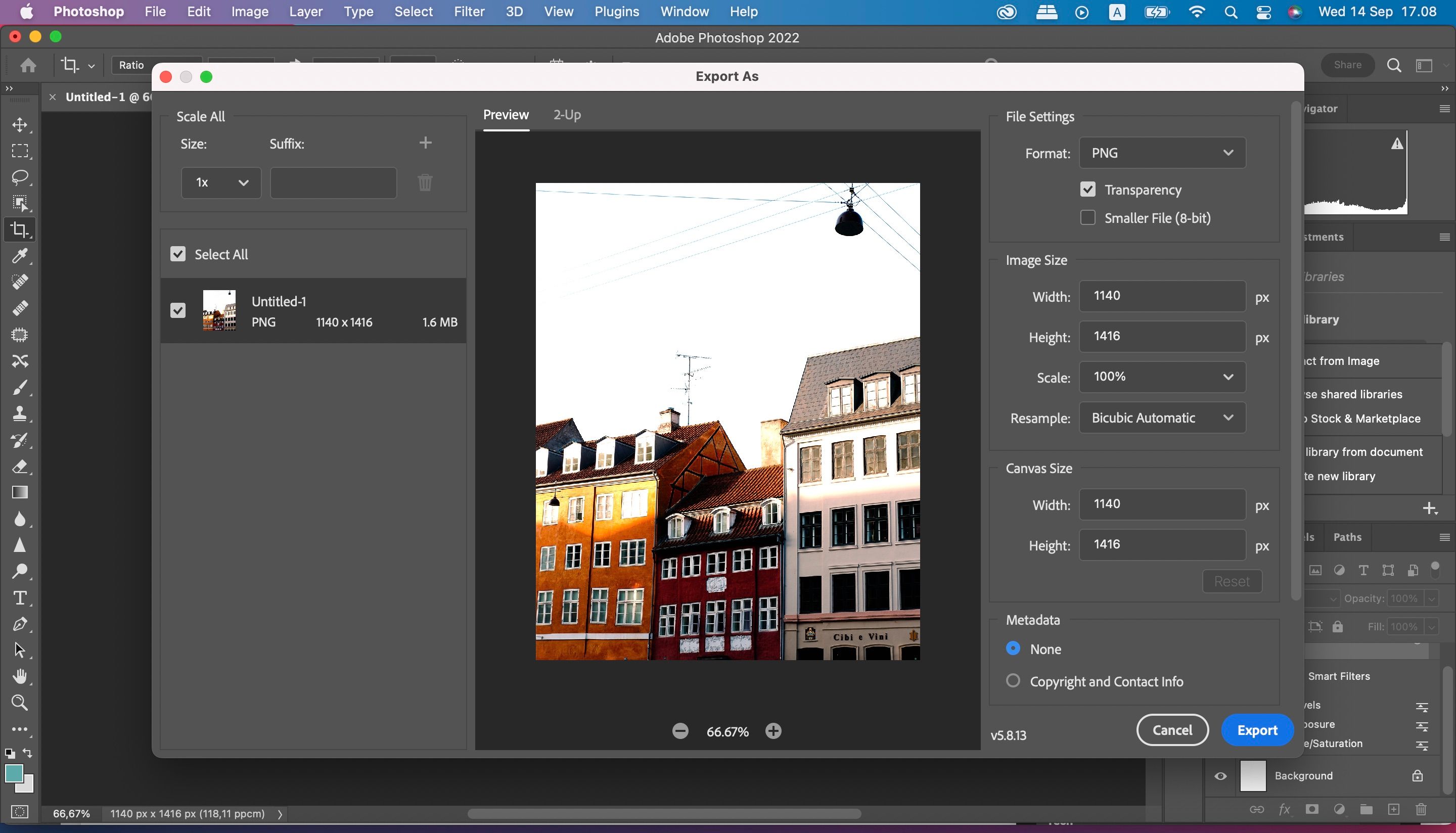 Screenshot showing export settings in Photoshop