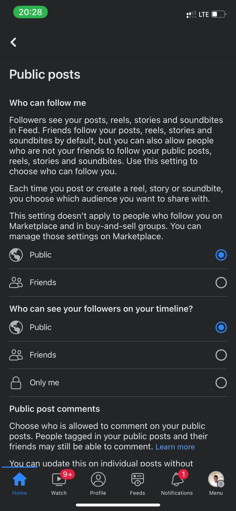 Facebook follower settings menu